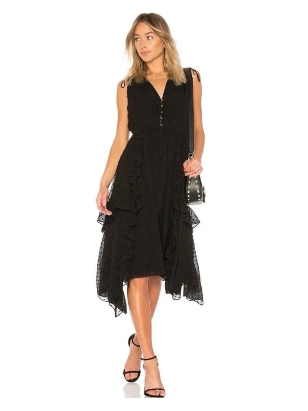 ULLA JOHNSON Black Silk Cotton Gold Button Swiss Dot Midi Dress 4 EUC
